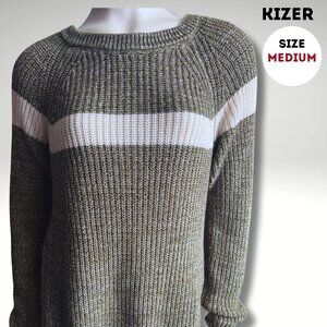 KIZER Olive & White Striped Knit Sweater – Size Medium